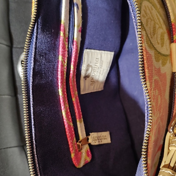 Spartina 449 Off White Floral Linen Bag With Gold Leather 23" Strap - Picture 8 of 12